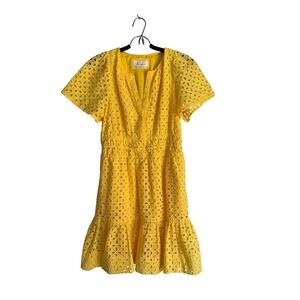 Anthropologie Yellow Eyelet Mini Dress Smocked Waist Tiered OB1518404 Womens S